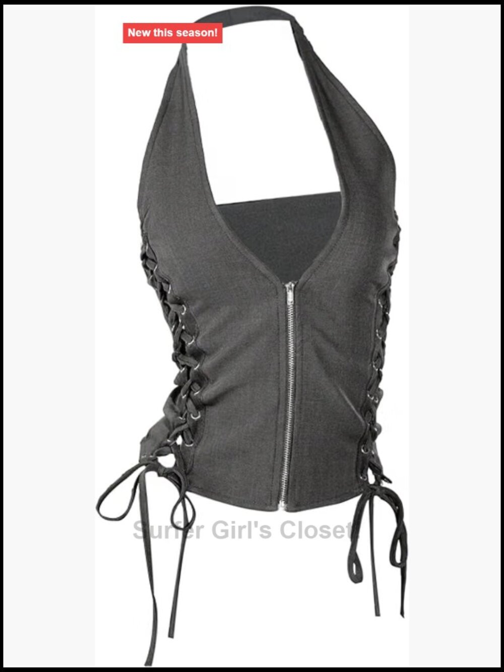 Women's Sleeveless Halter Tank Top, Zip Up Deep V Neck Lace Up Party Going Out